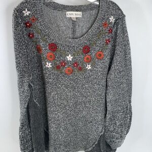 Knox Rose Sweater Womens XXL Grey Floral Embroidered Boho Bohochic Bohemian